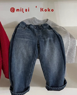 米莱milaikoko正品冬款韩版男女童加绒直筒牛仔裤一体绒休闲长裤