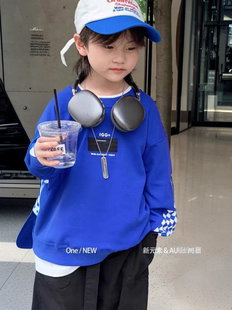 新元素中大童春秋装男童圆领套头宽松休闲洋气棋盘格运动卫衣