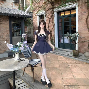 收腰显瘦设计感欲甜美蝴蝶结气质连衣裙女 热恋千金风短裙夏季