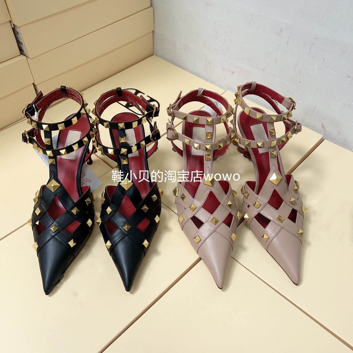 气质铆钉高跟鞋女鞋真皮尖头凉鞋