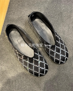 絕美23早秋圓頭真絲滿水鉆淺口平底鞋 芭蕾舞船鞋 軟底僧侶鞋 女單鞋