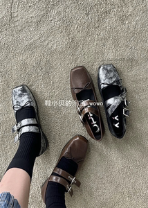 23早秋蝴蝶结做旧擦色圆头平底单鞋浅口芭蕾舞鞋双扣带玛丽珍鞋