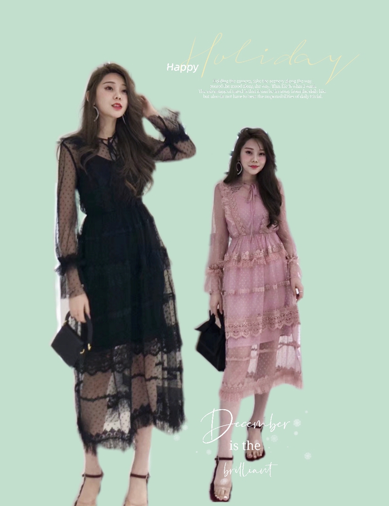 ワンピースの女性2021春秋の新型の韓国版の2つのセットの網の糸の立襟の長袖の中で長い項のファッション的なカステラのスカート