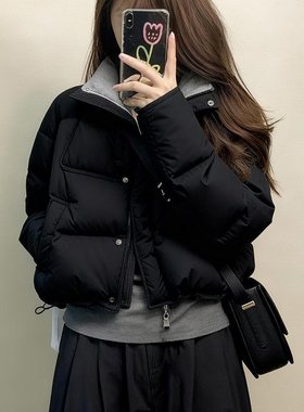 2025年新款黑色短款棉服女韩版百搭撞色设计外套加厚保暖面包服冬