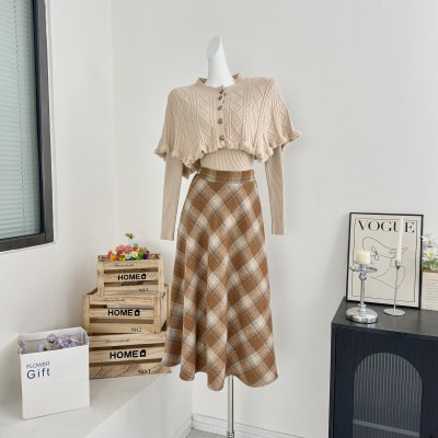 秋冬针织毛衣斗篷披肩上衣两件套毛呢格子高腰半身裙套装裙