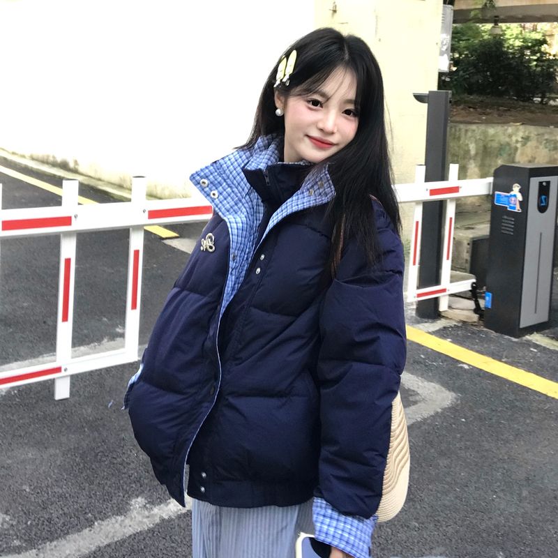 官图撞色拼接格纹假两件棉服外套女冬新款潮牌百搭面包服服