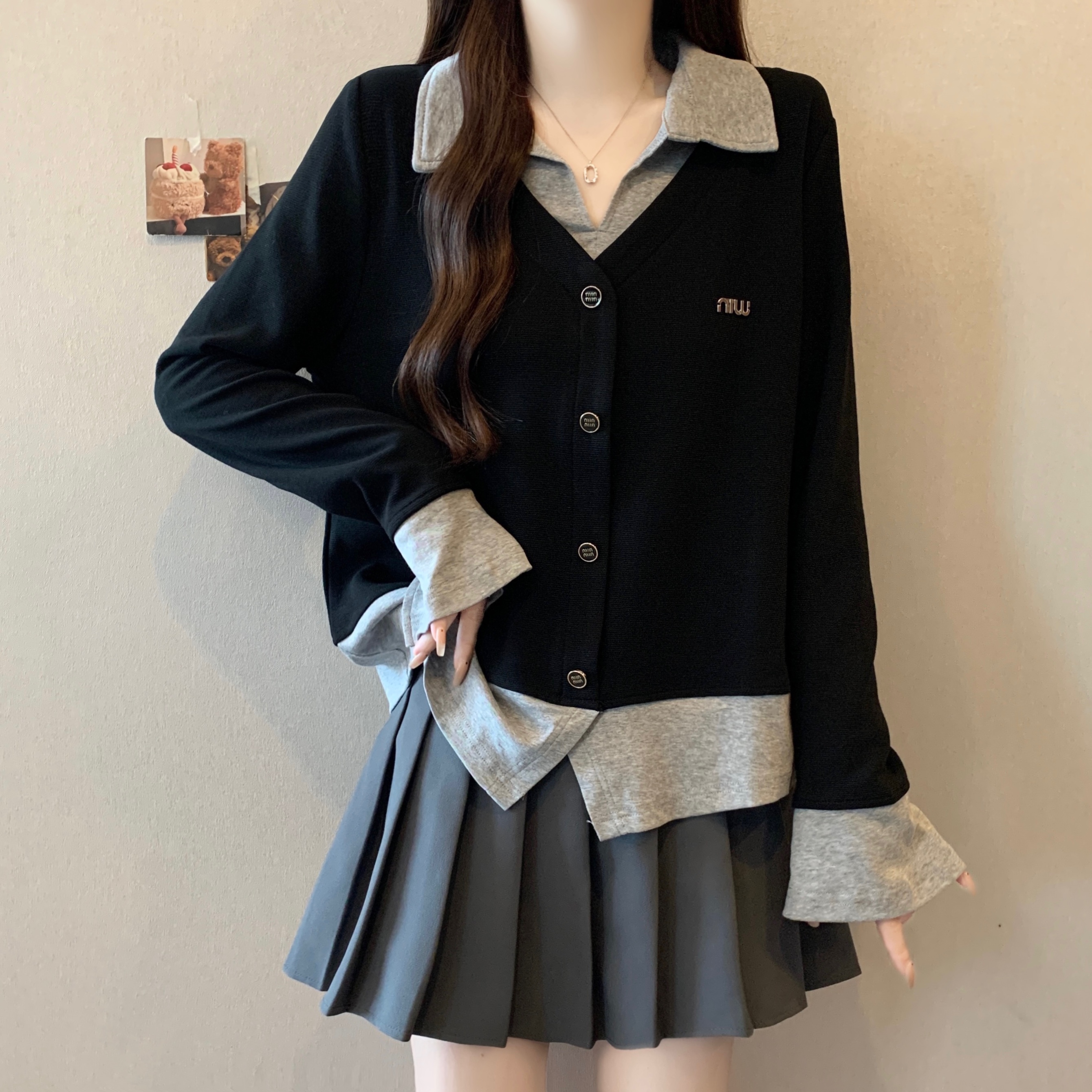 实拍大码女装胖MM2025早秋新款假两件针织衫修身显瘦内搭拼接上衣