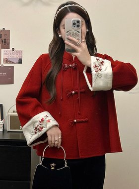 实拍大码女装新中式红色盘扣毛呢外套黑色显瘦半身裙两件套