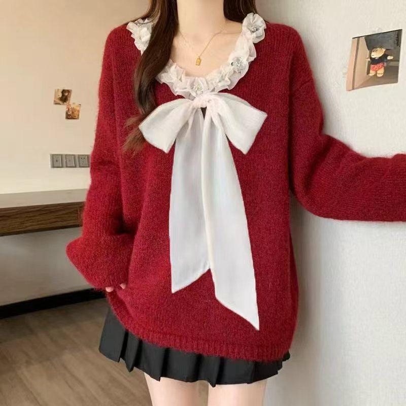 新年红色别致花边毛衣女秋冬胖MM新款好看减龄蝴蝶结显瘦针织衫女,女装/女士精品,大码内搭,淘宝优惠券,粉丝福利购,淘宝优惠卷