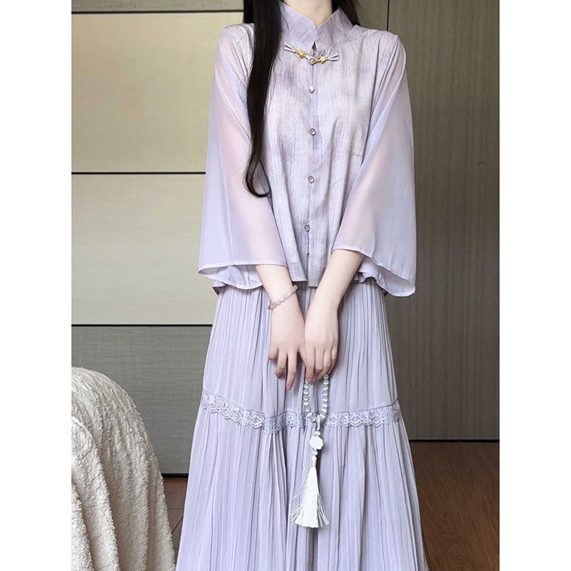 2025年秋季新款新中式套装汉元素紫色上衣半身裙两件套日常可穿