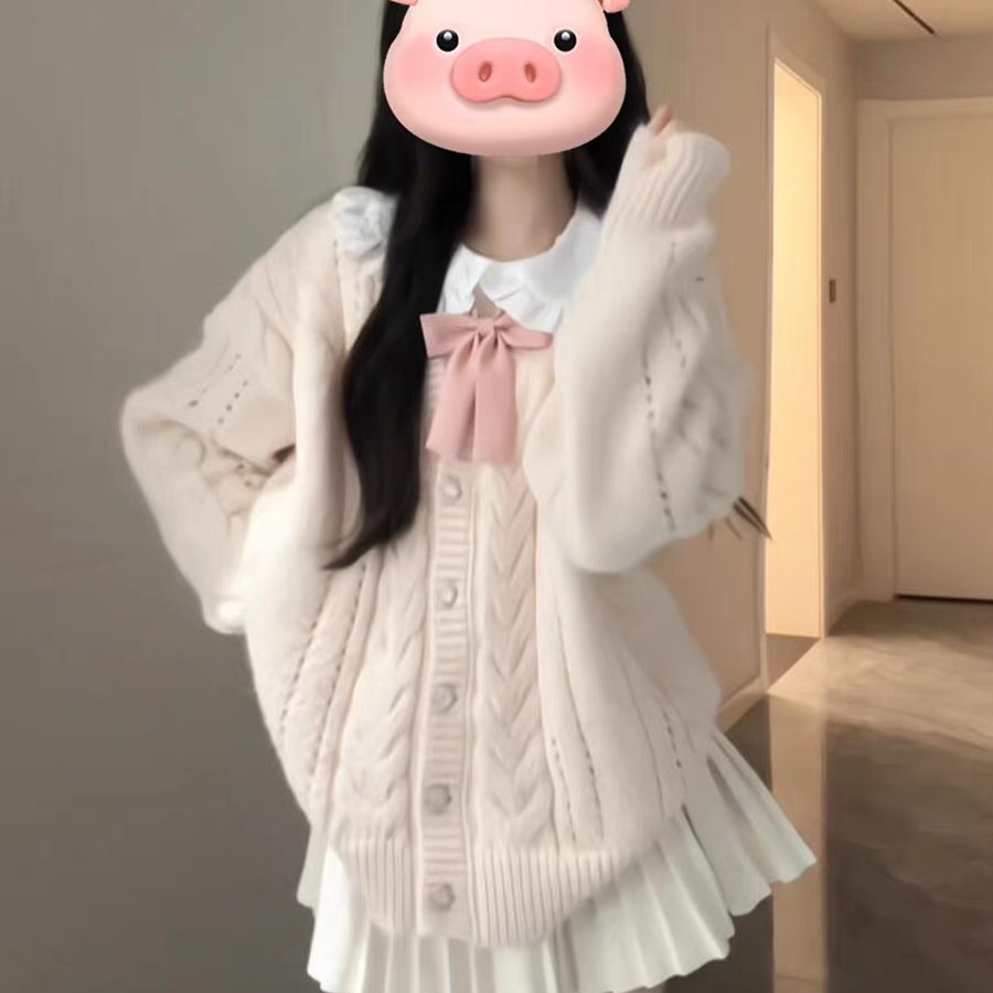 韩系一整套ootd穿搭温柔风粉色针织开衫a字短裙两件套装2025秋季