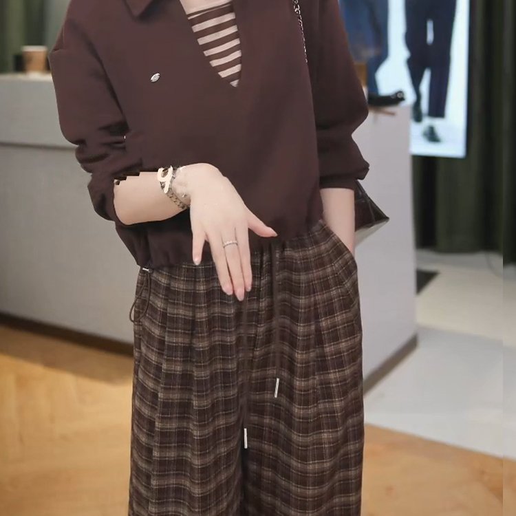 假两件翻领上衣休闲裤套装女秋新款复古时尚高腰格子裤减龄两件套