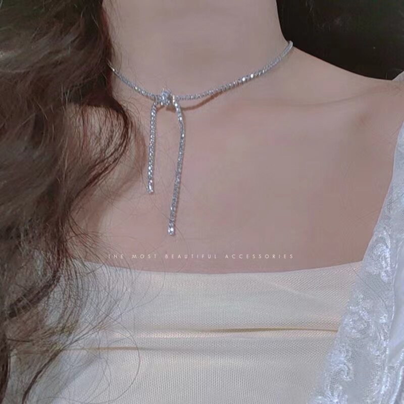 银神925银超闪钻蝴蝶结锁骨链女