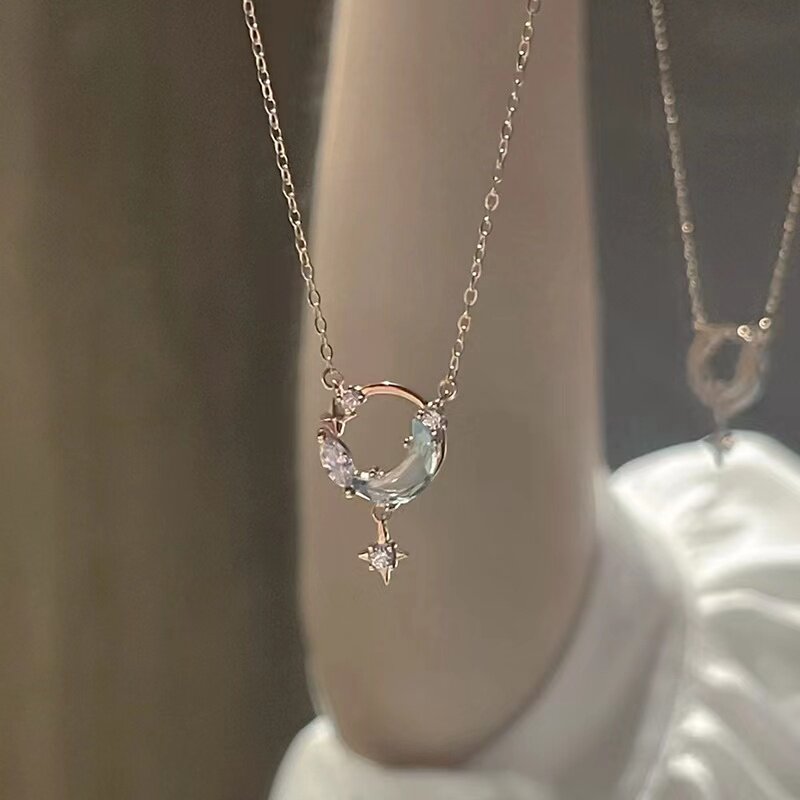 星月项链女轻奢小众设计感星星月亮锁骨链蓝色月亮劲链饰