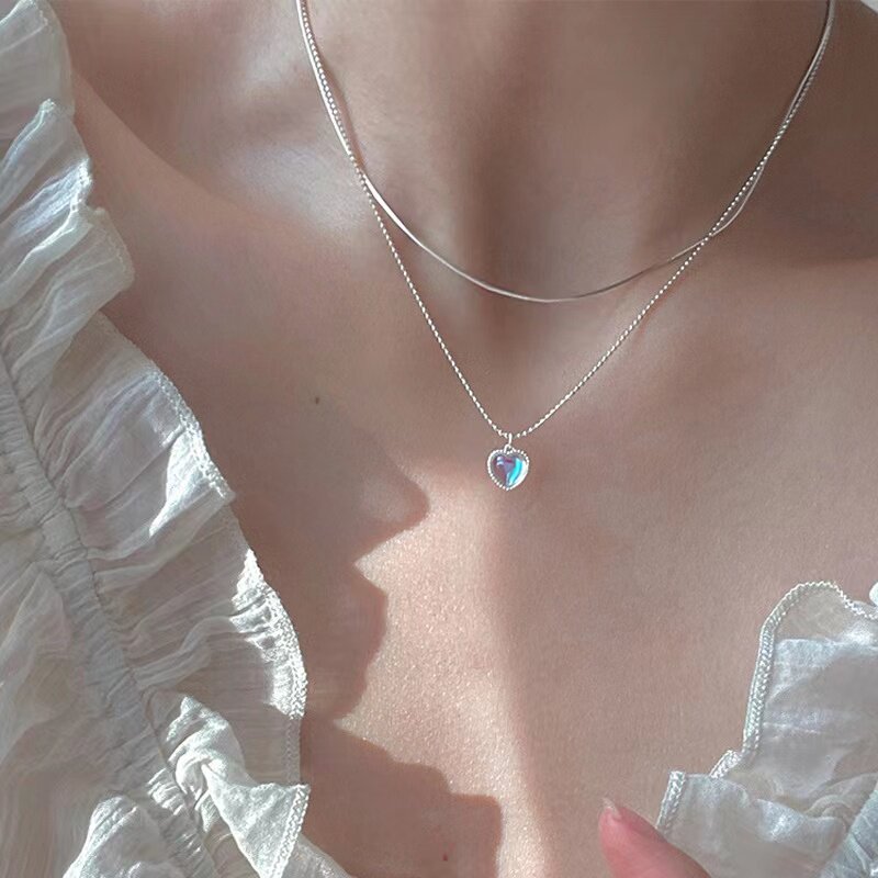双层设计高级爱心月光石项链女甜美渐变宝石桃心形锁骨链