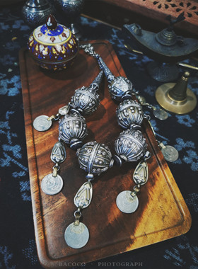 也门蛋掐丝球签名老银项链