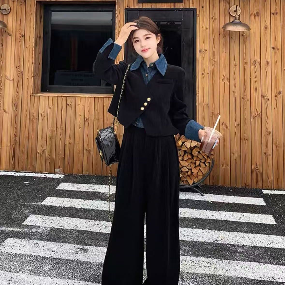 设计感牛仔衬衫领拼接假两件上衣长裤套装女2025秋时尚气质两件套