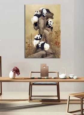 大熊猫可爱自愈装饰画国宝客厅卧室墙挂画新中式五只熊猫自粘贴画