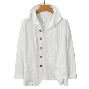 夏季纯色亚麻衬衫男宽松薄款连帽棉麻白色上衣防晒衣男麻料衬衣男