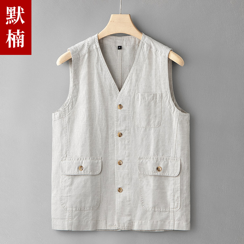 马甲多口袋棉麻背心休闲无袖上衣