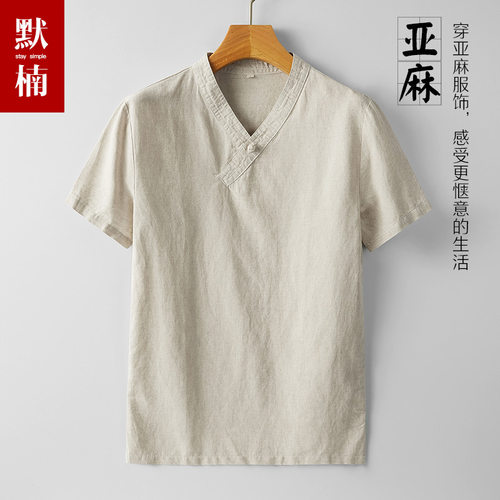 中国风v领棉麻休闲薄款唐装t恤