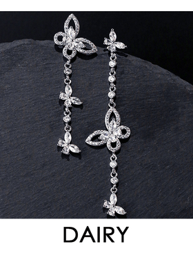 不对称满钻蝴蝶长款流苏耳环女小众设计感个性耳钉纯银减龄耳饰品