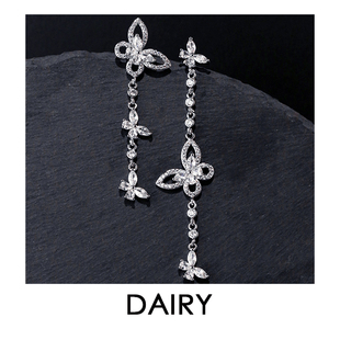 不对称满钻蝴蝶长款流苏耳环女小众设计感个性耳钉纯银减龄耳饰品