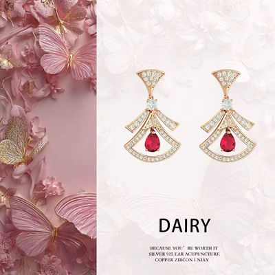 轻奢裙子耳环女纯银个性气质网红扇形耳坠高级感红色耳钉耳饰8131