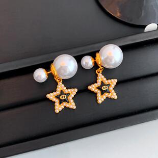 新款d家五角星珍珠耳环四叶草米珠耳钉防过敏高版本星星镶钻耳坠
