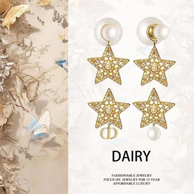 d家CD星星珍珠耳环女轻奢气质五角星耳钉欧美气质个性前后款耳饰