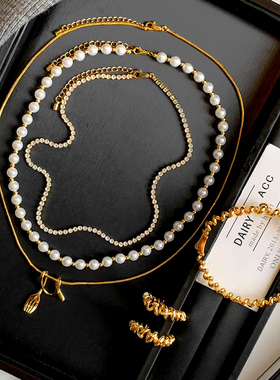 少女减龄卷卷叉子珍珠项链女轻奢叠戴锁骨链趣味小众耳钉独特耳饰