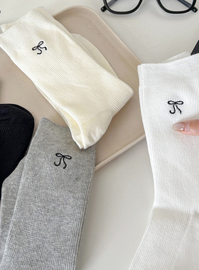 3双蝴蝶结中筒袜子女秋冬季白色堆堆袜配小皮鞋月子长筒袜纯棉袜