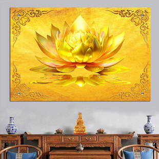 金色莲花荷花自粘画佛字背景禅意莲花壁画定制禅房寺庙佛堂家壁纸