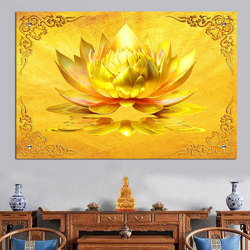 金色莲花荷花自粘画佛字背景禅意莲花壁画定制禅房寺庙佛堂家壁纸