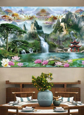 堂口供桌山水画佛仙堂无活物装饰画客厅亭子有山水自粘壁画背景墙