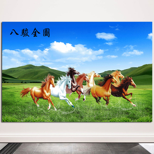 八匹马骏图马到成功招财挂画玄关中式风水画办公室装饰画自粘贴画