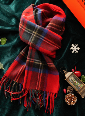 圣诞节纯羊毛格子圣诞节日红色女学生围巾秋冬季情侣男围脖送礼盒