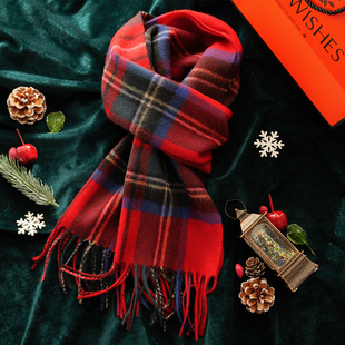 圣诞节纯羊毛格子圣诞节日红色女学生围巾秋冬季 情侣男围脖送礼盒