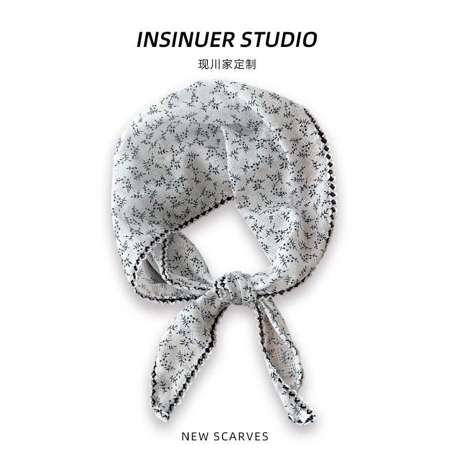 INSINUER【法式OL】蕾丝边碎花三角巾女头巾春百搭棉感丝巾薄腰封