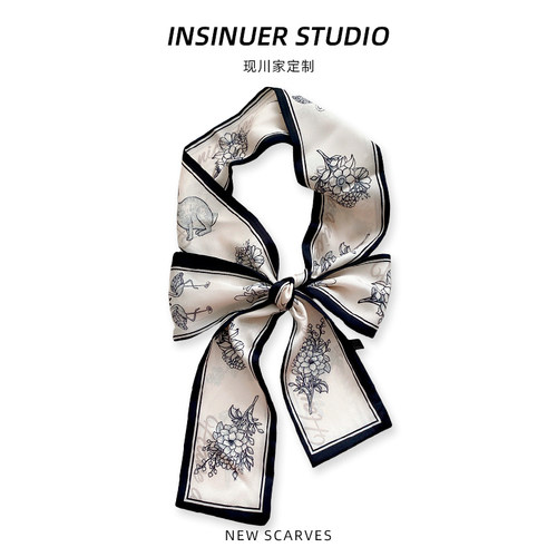 法式小丝巾长条方巾女百搭细窄