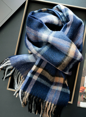 INSINUER 蓝色法式格子羊毛男士百搭100%wool保暖围脖窄冬季送礼