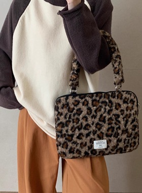 笔记本电脑包14寸2024新款女士单肩包通勤豹纹高级感适用苹果macbookair13.3联想华为pro16寸收纳内胆包