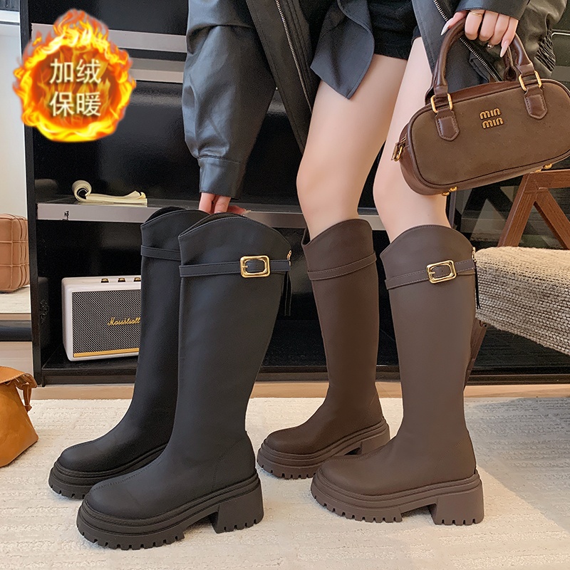 韩版v口皮带厚底扣高筒骑士靴