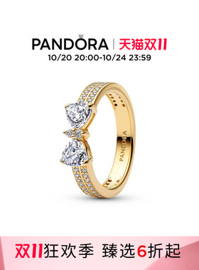 [双11抢先加购]Pandora潘多拉闪耀缎带星光结双圈戒指蝴蝶结金色