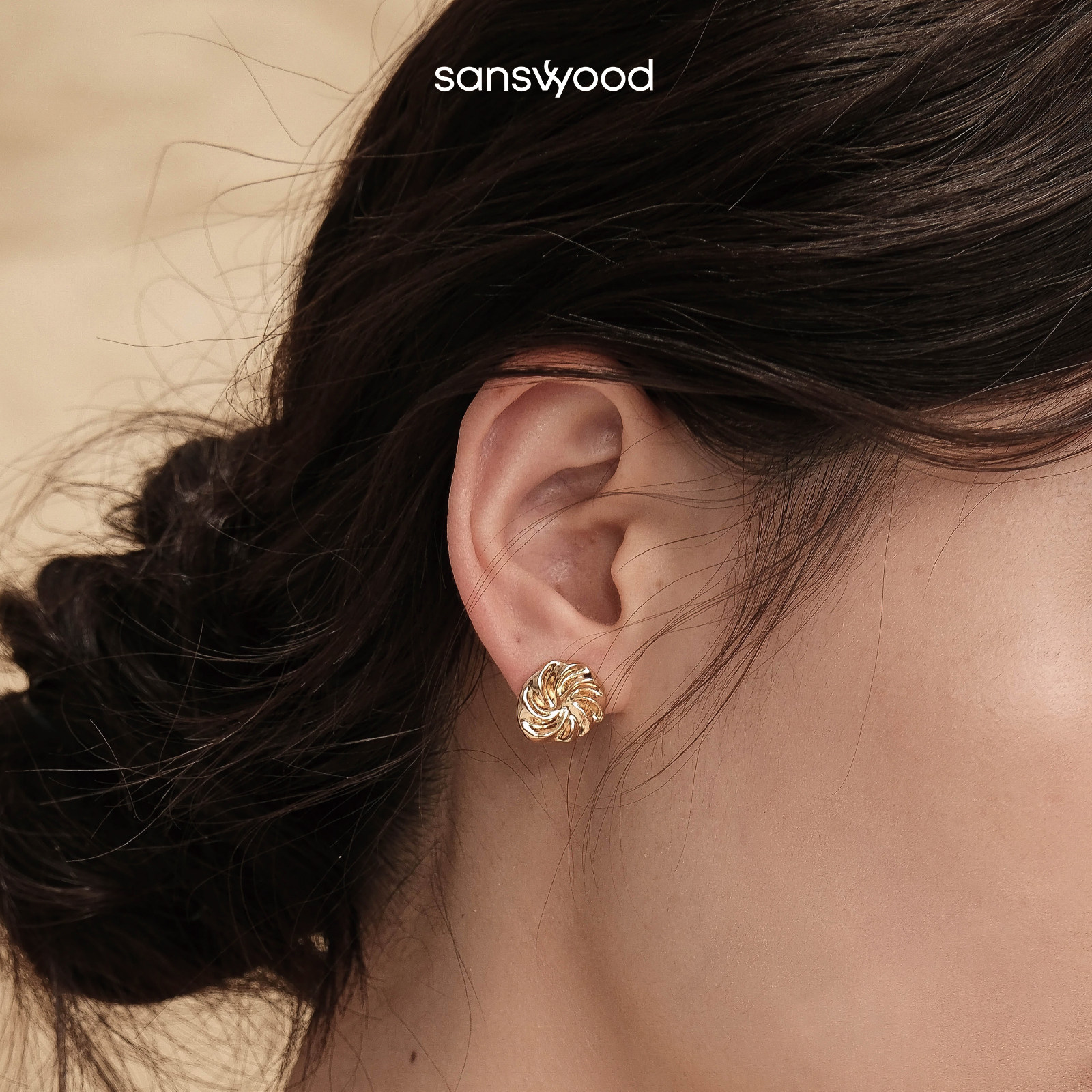 sanswood《甜蜜曲奇》简约曲奇耳环纯银耳钉女通勤耳饰 金/银双色