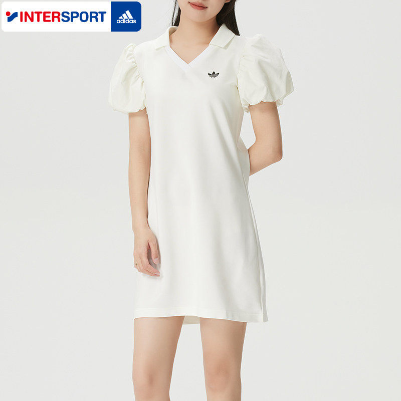 阿迪达斯三叶草泡泡袖连衣裙女2026夏季新款运动裙子针织白色短裙