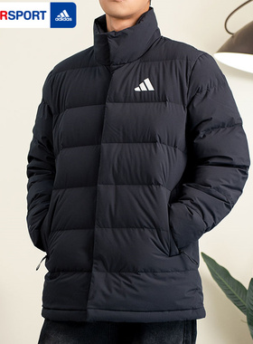 阿迪达斯男装黑色短款羽绒服25冬季新款运动服保暖立领外套KH3994