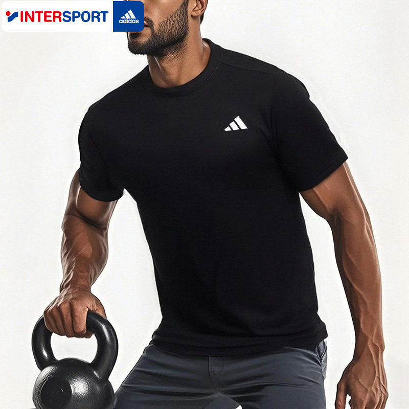 阿迪达斯黑色速干T恤男装2026春季跑步训练运动服透气短袖半袖男