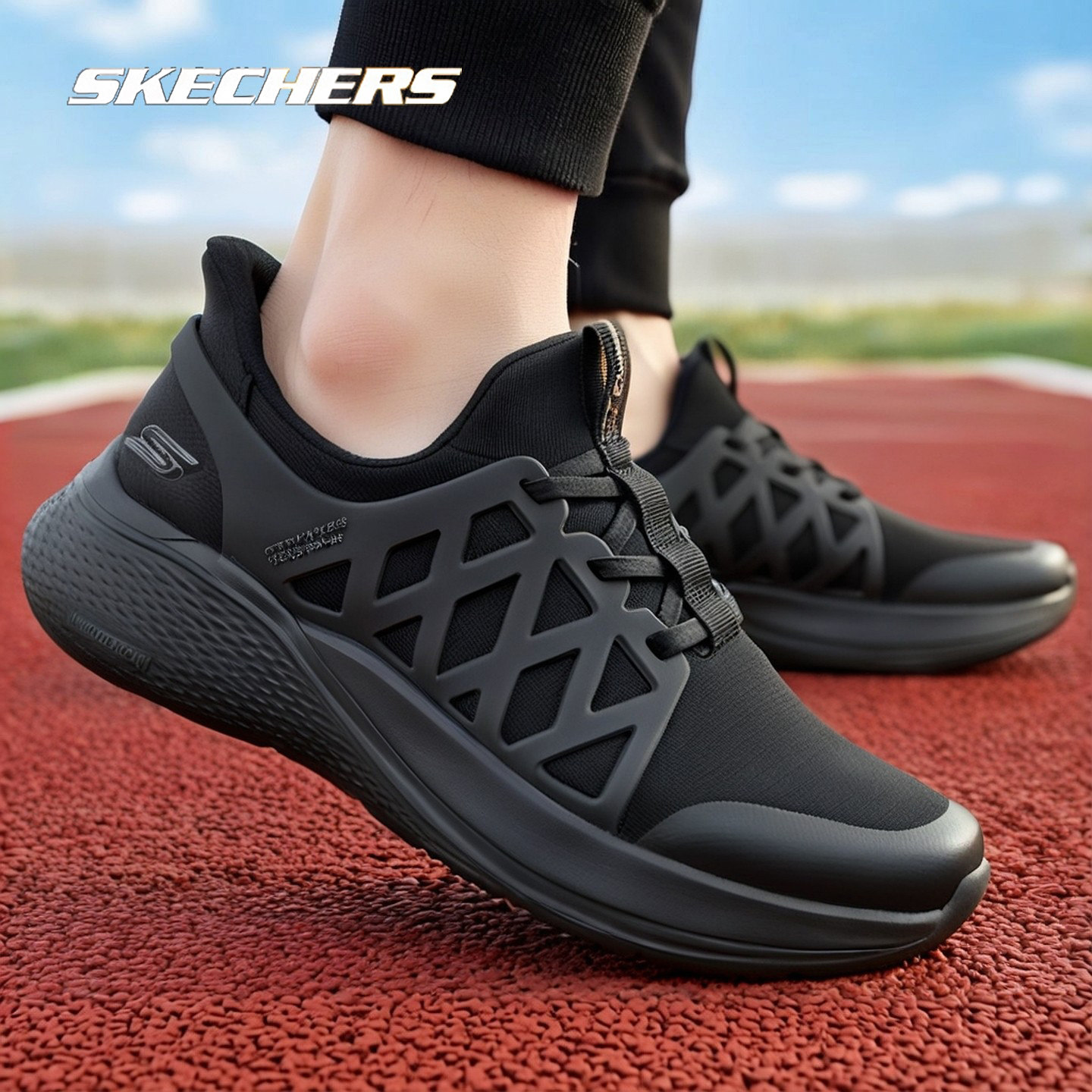 斯凯奇黑色男鞋新款闪穿鞋轻便减震运动鞋网面休闲鞋减震跑步鞋男