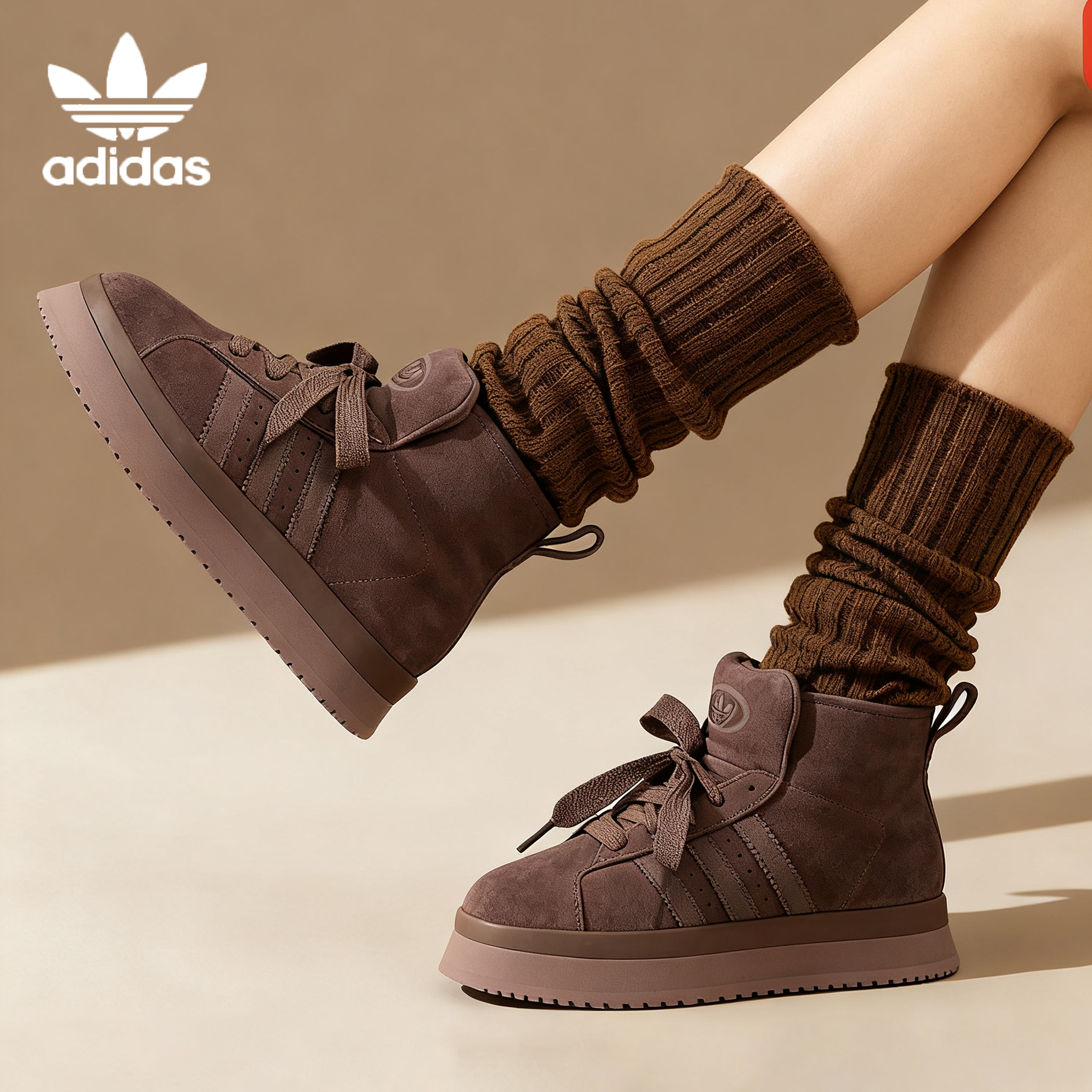 阿迪达斯三叶草雪地靴女CAMPUS经典厚底加绒保暖运动休闲鞋JR3736